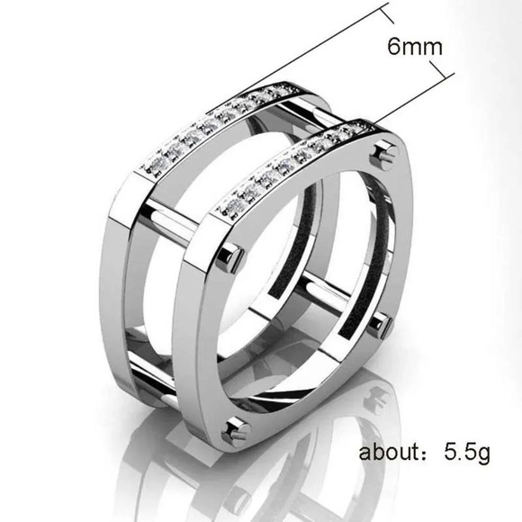 😍Square Glitter Zircon Double Layer Silver Plated Ring for Men, L187 - Picture 7 of 7